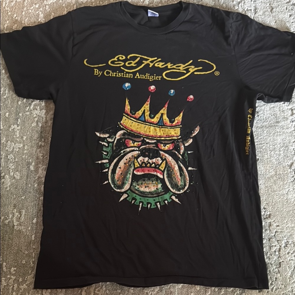 Ed Hardy Black T-Shirt with Crowned Bulldog Design